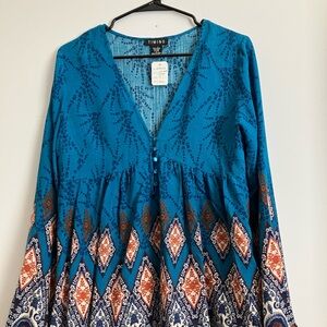Timing Blue V-neck Long Sleeve Relaxed Blouse